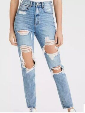 American Eagle Highest Rise Mom Jean Medium Light Wash Denim Jeans Size 12 Long